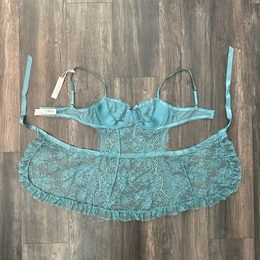 NWT Victoria's Secret Wicked Rose Lace Jade Blue Apron Lingerie Slip Size Large - Picture 7 of 14